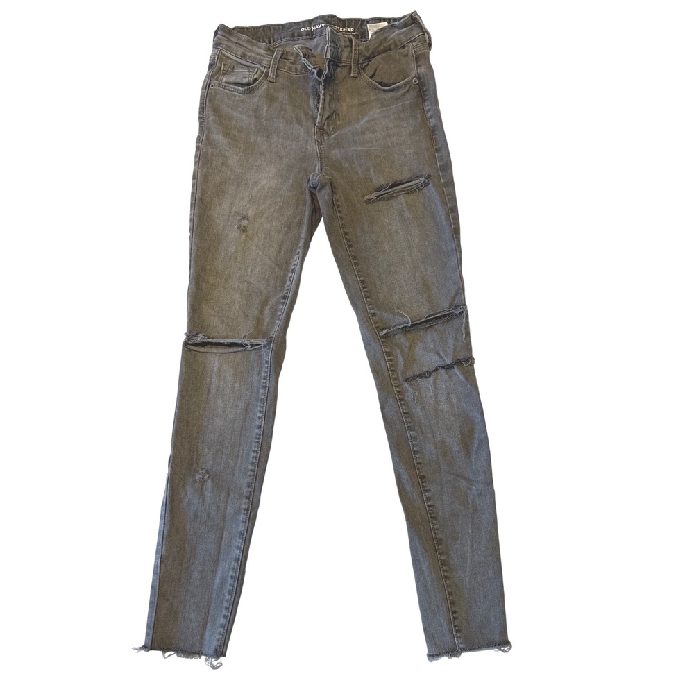 Old Navy Rockstar Gray Wash Distressed‎ Frayed Hem Mid-Rise Skinny Jeans